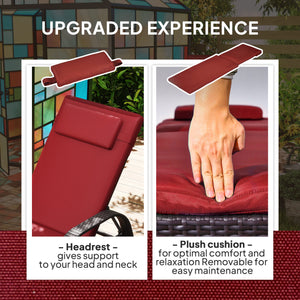 Chaise longue with headrest, 5-level adjustable, backrest, casters, deep coffee and wine red