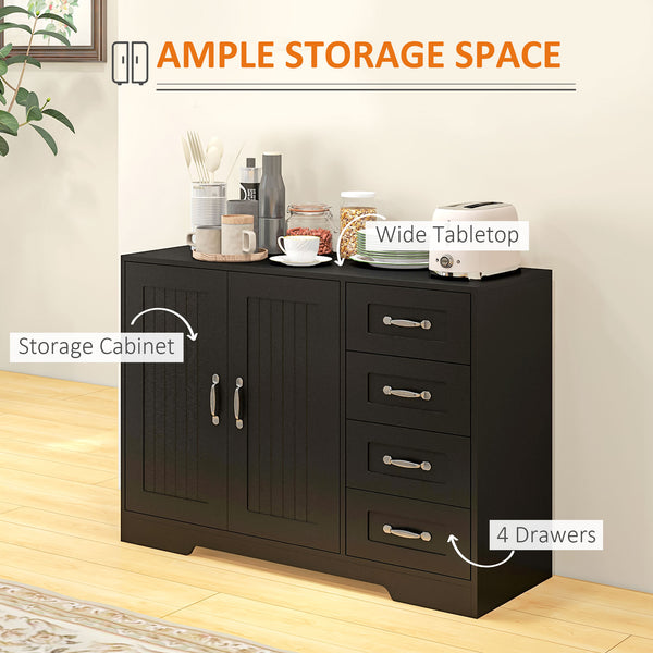 Modern buffet with 4 drawers and 2 panel doors, black