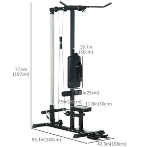 Vertical traction machine, high/low pulley with adjustable seat and retractable footrest, black