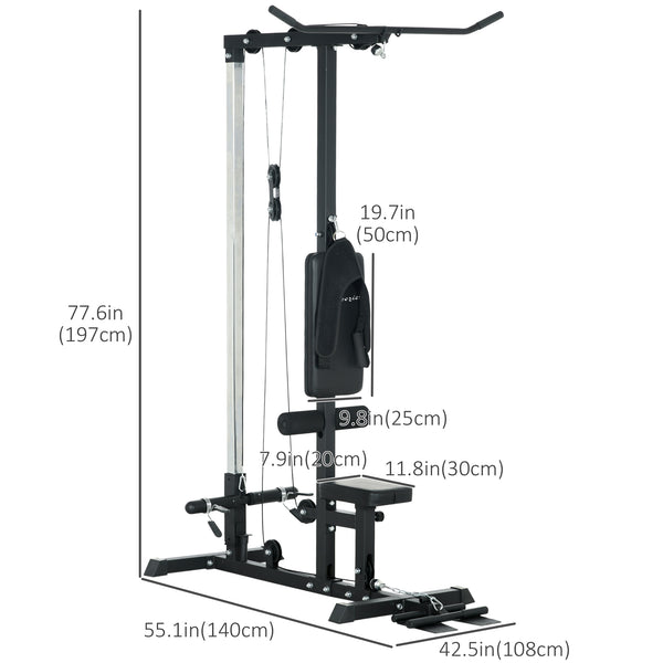 Vertical traction machine, high/low pulley with adjustable seat and retractable footrest, black