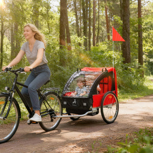 2-seater child bike trailer with 5-point safety harness, red