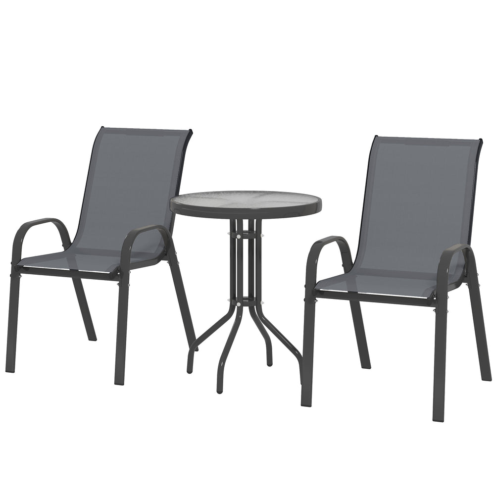 3 Piece Bistro Set with Stackable Mesh Chairs, Glass Table for Garden, Balcony, Dark Grey