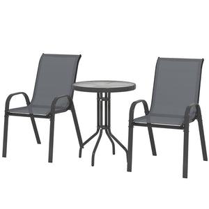 3 Pieces Bistro Set, Small Patio Furniture Set with Stackable Mesh Chairs, Glass Table for Garden, Balcony, Dark Grey