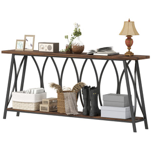 Industrial style two-tier console table with metal frame, rustic brown color.