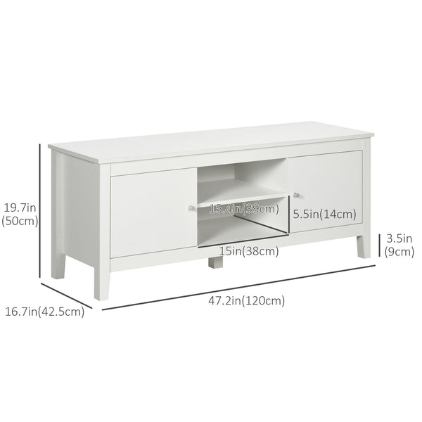 Modern TV stand for TVs up to 55 inches with cupboards and shelves, white