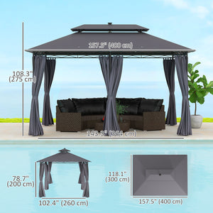 10' x 13' Outdoor Gazebo with Curtains and Solar Powered LED Lights, Double Roof Patio Shelter