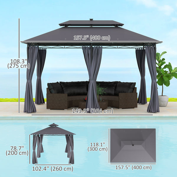 10' x 13' Outdoor Gazebo with Curtains and Solar Powered LED Lights, Double Roof Patio Shelter