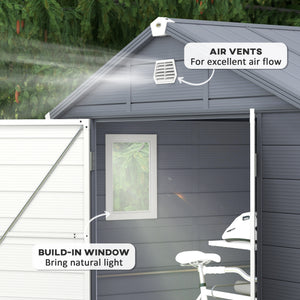 Plastic garden shed with latch door, vents, sloping roof, dark grey