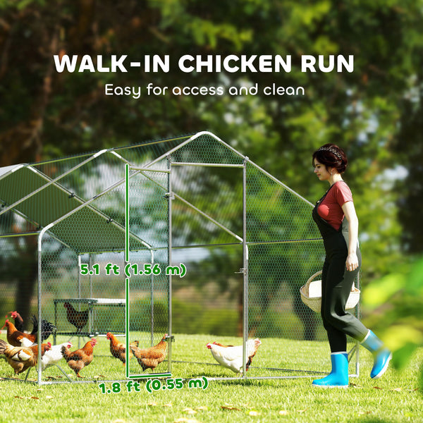 Metal chicken coop with waterproof tarp, nesting box, and perches