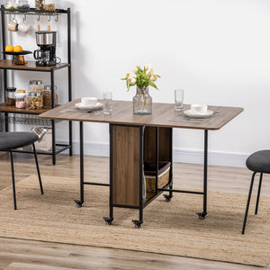 Folding dining table with storage shelf and 6 castors, light brown