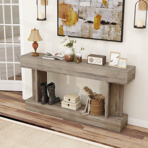 Narrow, vintage-style console table with storage shelf, light brown
