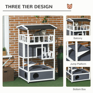 Four-story wooden cat house with cat cave and perch, grey