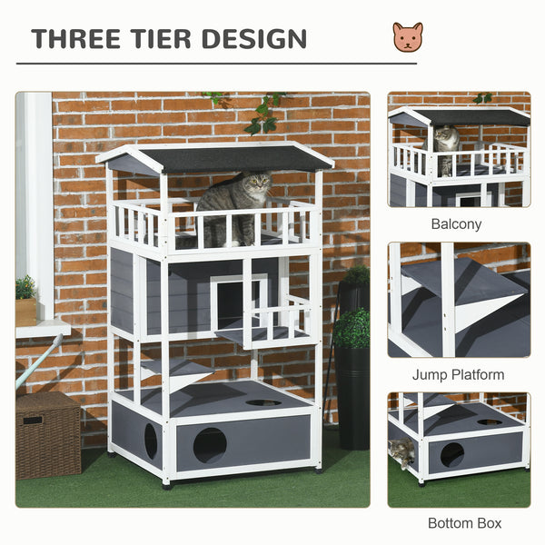 Four-story wooden cat house with cat cave and perch, grey