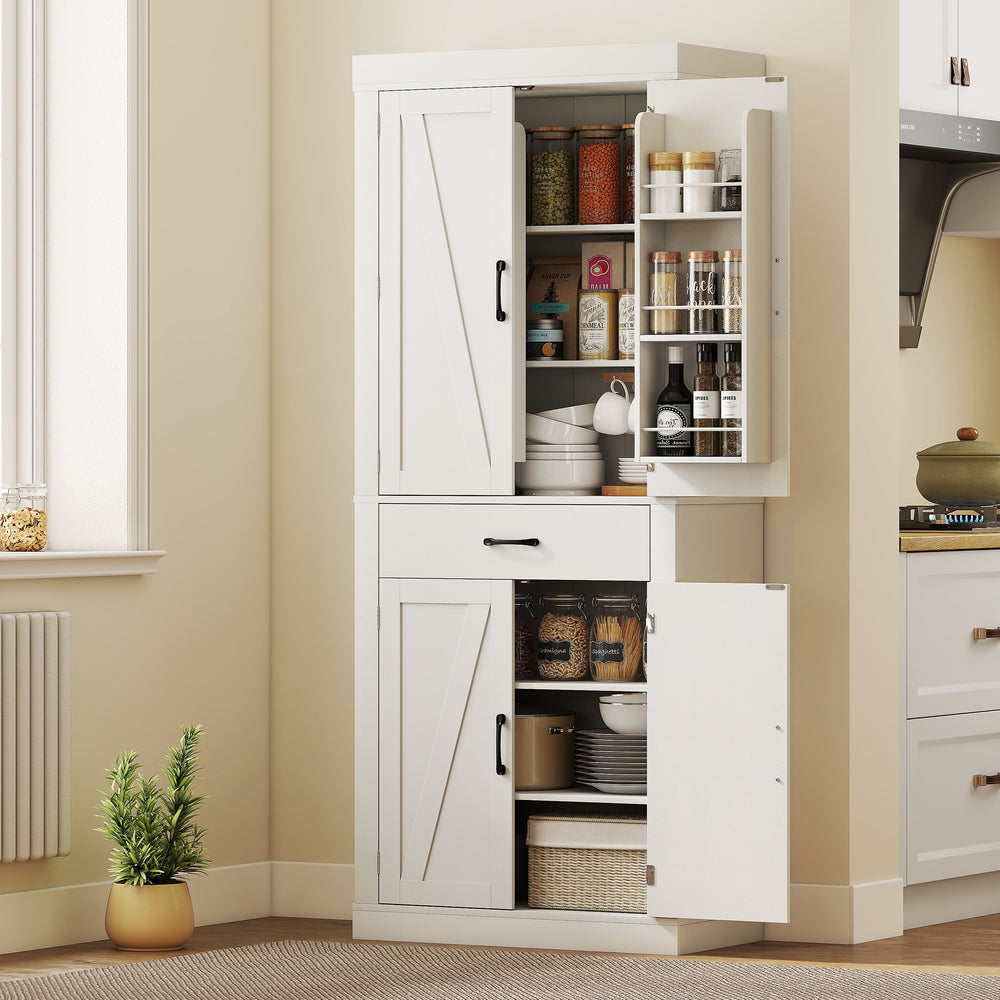 Country Style Storage Cabinet with 4 Barn Doors, White