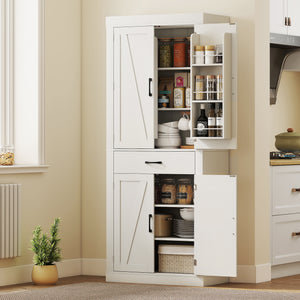 Country Style Storage Cabinet with 4 Barn Doors, White