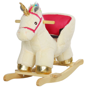 Rocking Unicorn with Sounds, Seat Belt, Wooden Base, Cream White