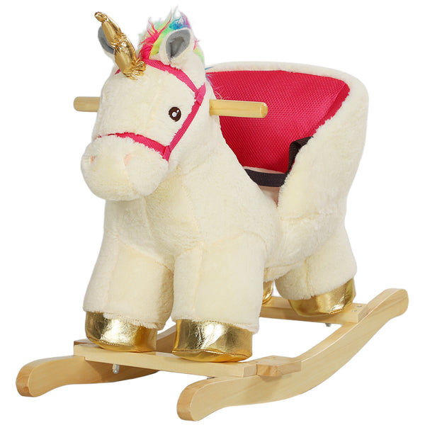Rocking Unicorn with Sounds, Seat Belt, Wooden Base, Cream White