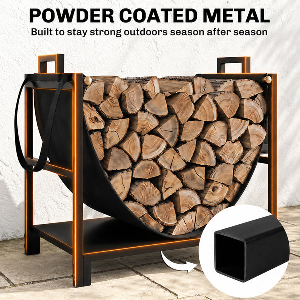 Compact steel firewood rack with carrying bag, black