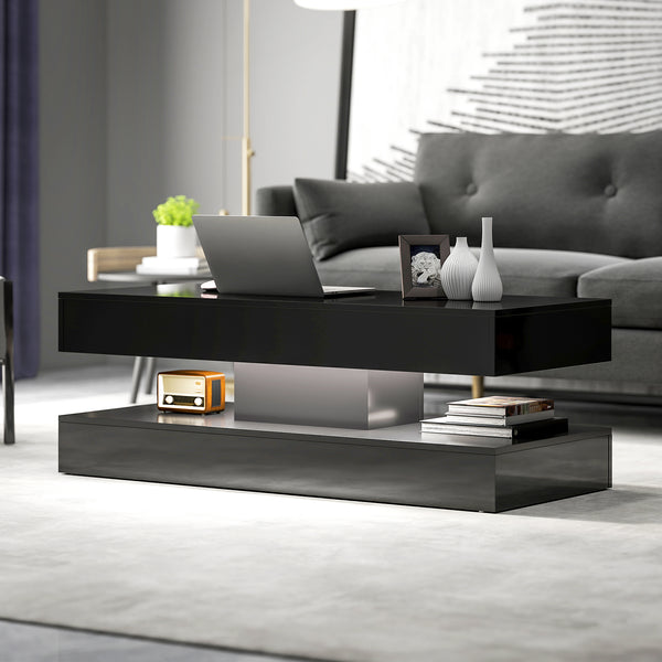 Coffee table with adjustable LED lighting, 2 drawers, open shelf, remote control, glossy black