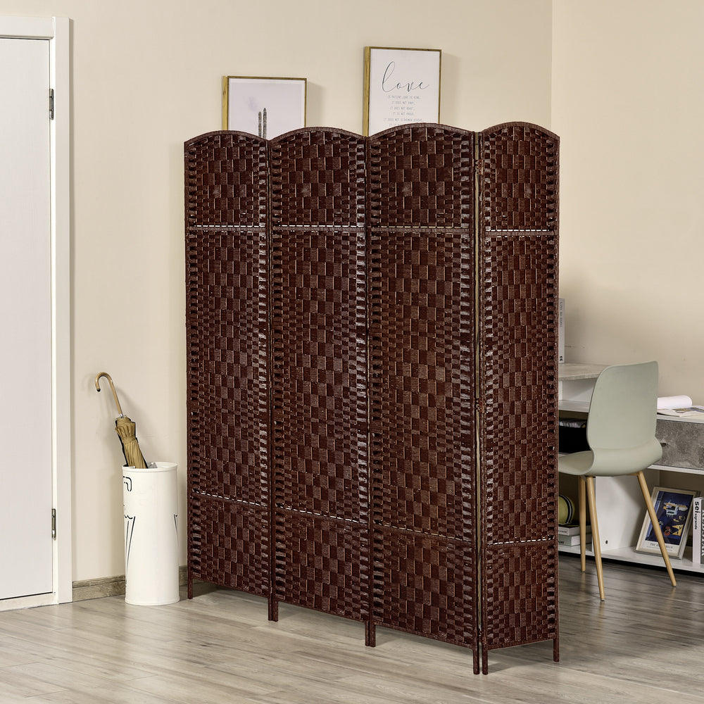 4-Panel Folding Room Divider with Wooden Frame, Brown