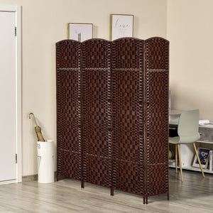 4-Panel Folding Room Divider with Wooden Frame, Brown