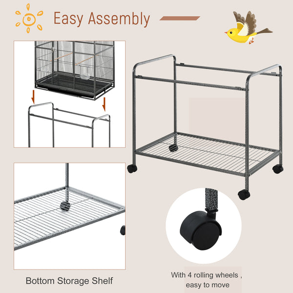 Metal rolling bird cage with removable stand with wheels, black