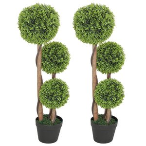 Set of 2 artificial boxwood trees with 3 balls, 90 cm, with pots – Light green