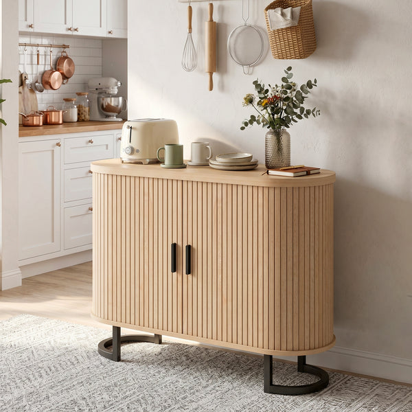Sideboard Buffet Cabinet with Curved Tambour Doors, Thick Tabletop and Arc Metal Legs Natural Wood
