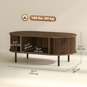 Table basse avec portes coulissantes à tambour et table de rangement centrale, pieds en métal,  marron