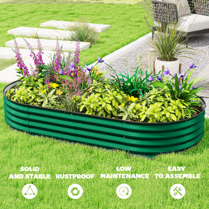 Raised outdoor planter made of galvanized steel with metal support, green