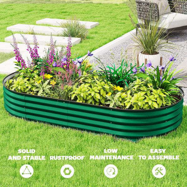 Raised outdoor planter made of galvanized steel with metal support, green