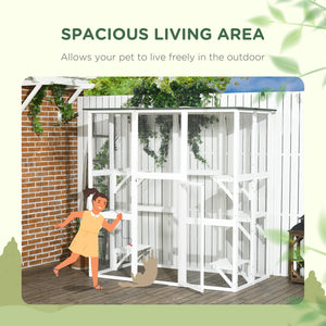 Wooden cat enclosure with 6 balanced platforms and asphalt roof, white