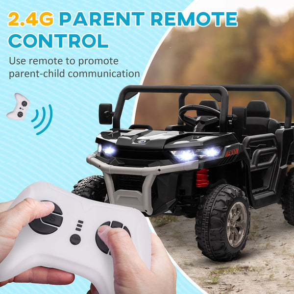 12V car with electric bucket, two seats, shovel, remote control, spring suspension, horn, music, black