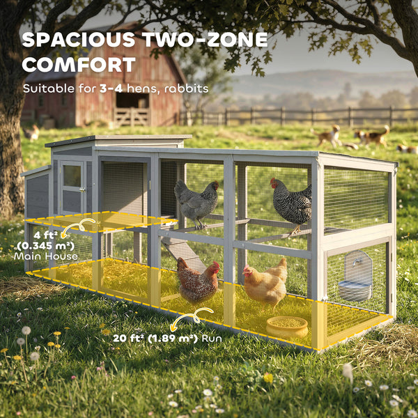 Large wooden chicken coop with covered run, nesting box, removable tray, and asphalt roof