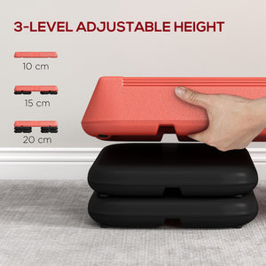 Adjustable Aerobic Stepper, 3 Levels with Risers 4", 6", 8", Red