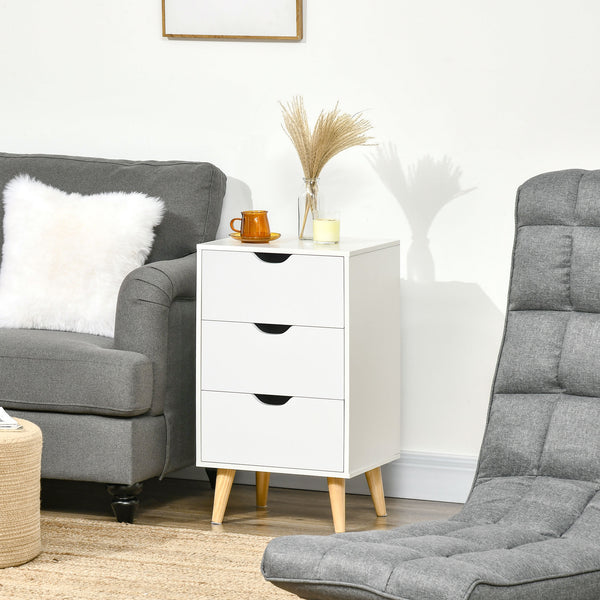 Modern 3-drawer bedside table with wooden legs, white