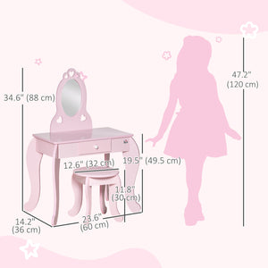 Children's dressing table with mirror and stool, pink