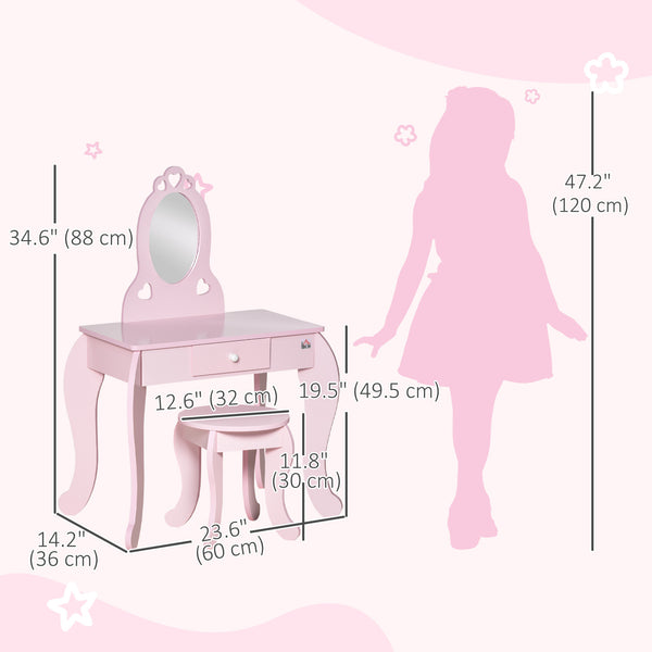 Children's dressing table with mirror and stool, pink
