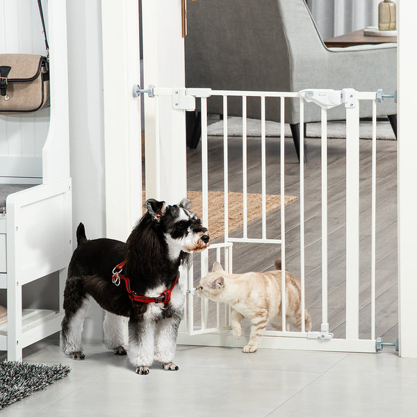 Extra Wide Pressure Fit Pet Gate with Cat Flap, White