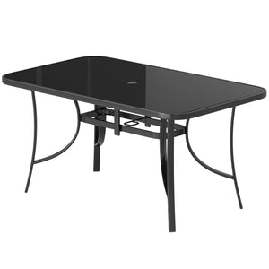 Garden table for 6 people with parasol hole, made of metal with tempered glass top