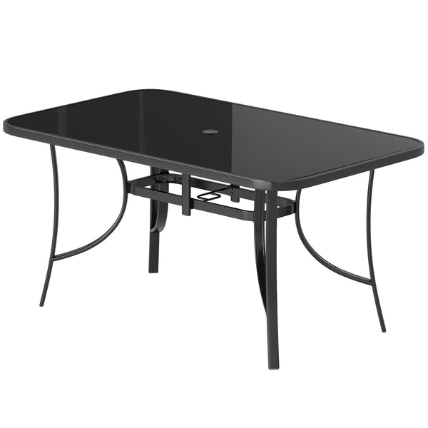 Garden table for 6 people with parasol hole, made of metal with tempered glass top