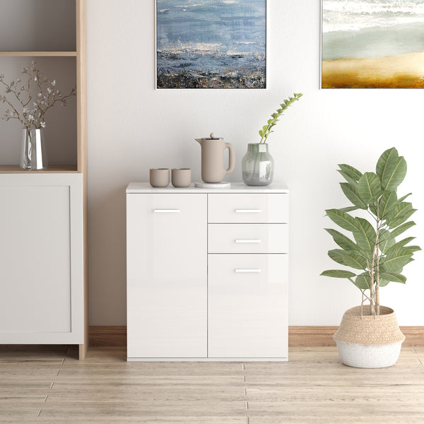 High gloss lacquered sideboard with 2 drawers and 2 doors, adjustable shelf, white