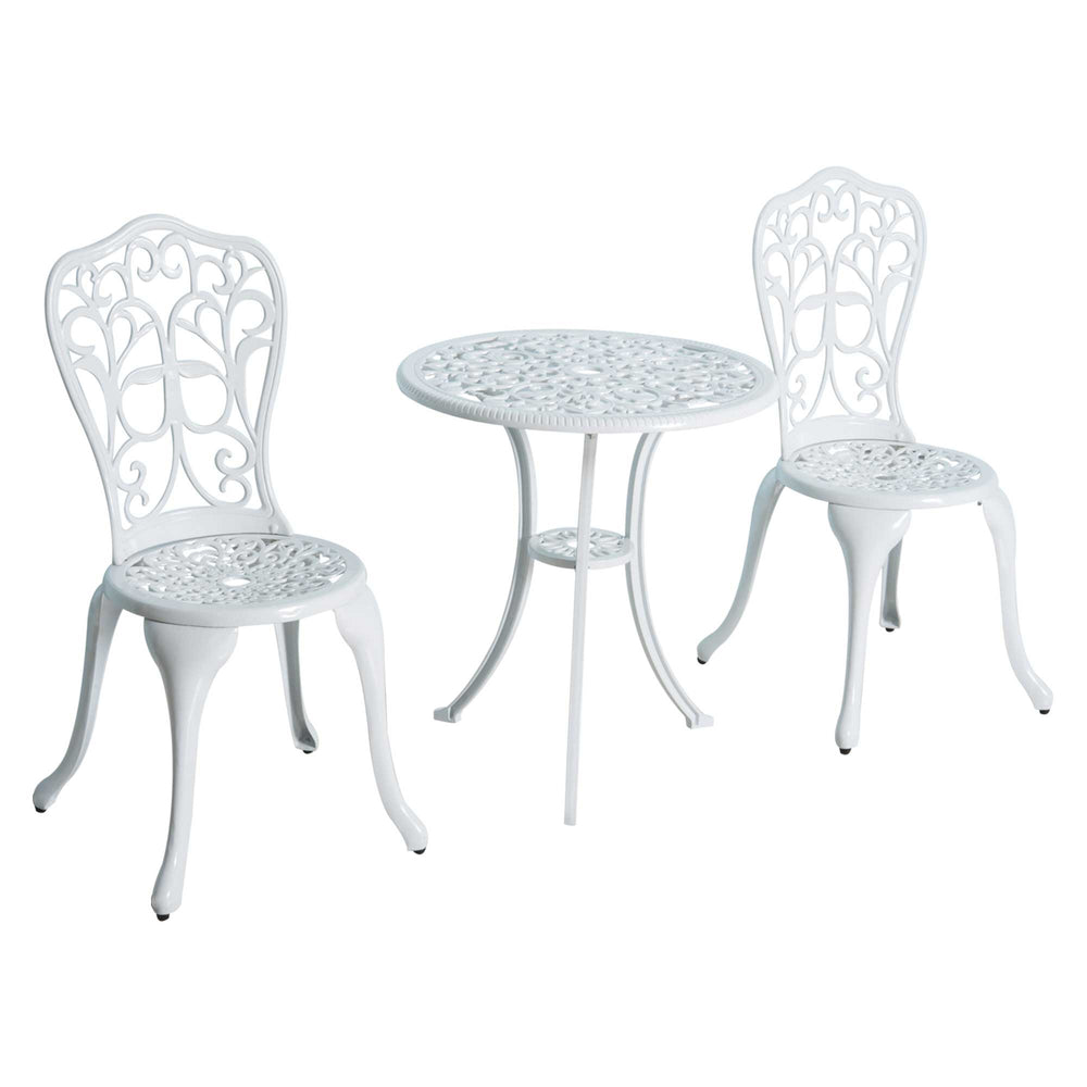 Ensemble bistrot d'extérieur style antique 3 pièces blanc avec table et chaises de patio équipées d'un trou pour parasol