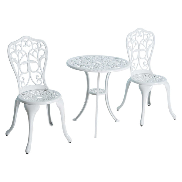 3 Piece Antique Style Outdoor Bistro Set, Patio Table and Chairs with Umbrella Hole, White