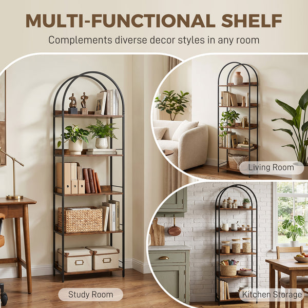 5-tier arched bookshelf with metal frame – Rustic brown and black