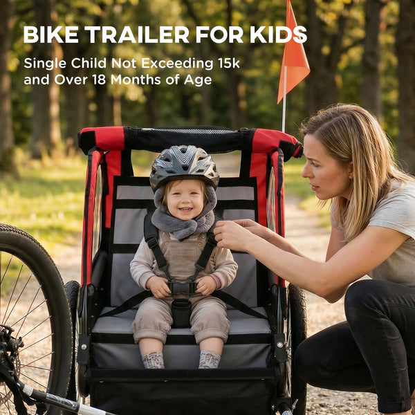 Child bike trailer with 5-point harness, 16-inch rubber wheels, storage bag, from 18 months, red.