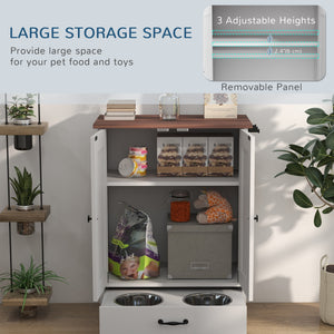 Dog food storage station with bowls, white