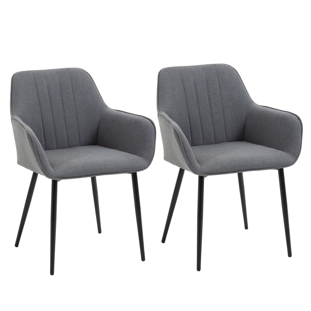 Set of 2 linen-upholstered chairs with metal backrest, armrests and legs, dark grey