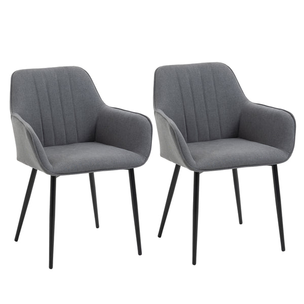 Set of 2 linen-upholstered chairs with metal backrest, armrests and legs, dark grey