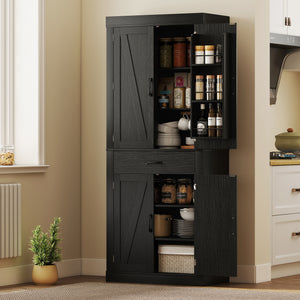 Country Style Storage Cabinet with 4 Barn Doors, Black